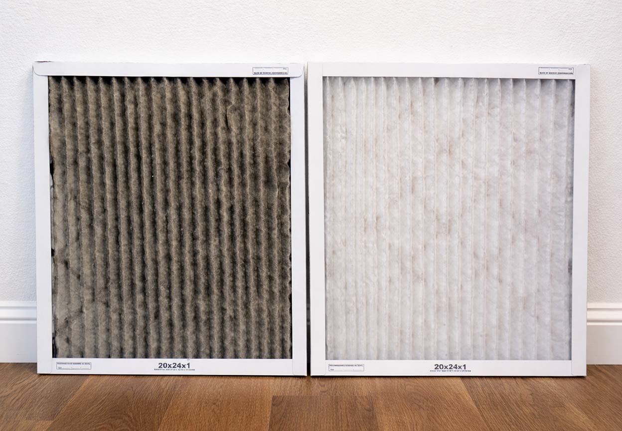 A dirty air filter stands next to a clean replacement filter on a hardwood floor