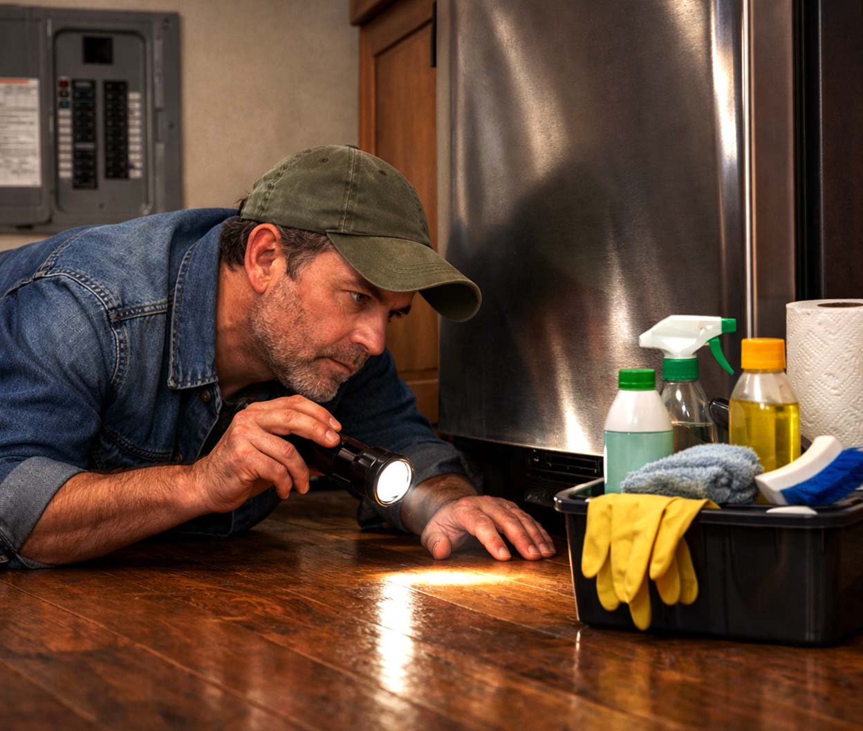 Homeowner in a denim jacket uses a flashlight to check under a refrigerator, with a breaker panel and cleaning supplies nearby