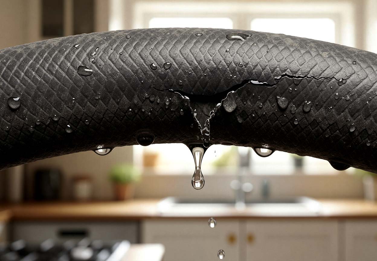 Close-up of a damaged rubber hose dripping water in a kitchen