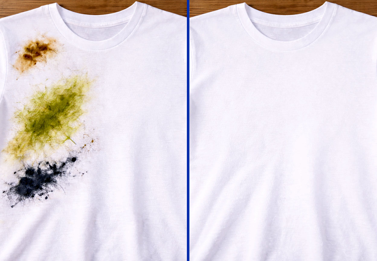 A side by side image shows a stained white T shirt on the left and a clean white T shirt on the right, separated by a blue line