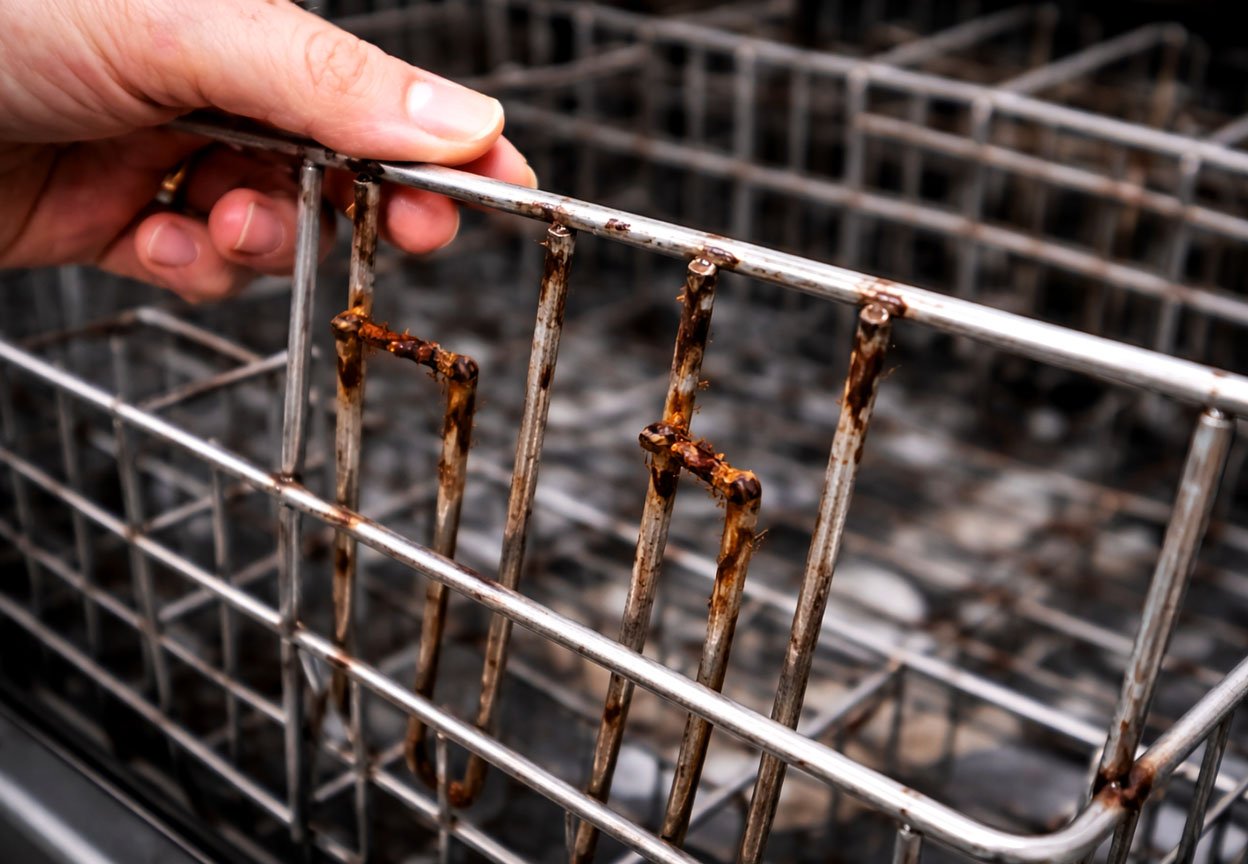 Close up of a dishwasher rack showing rusted tines and corrosion buildup on the metal