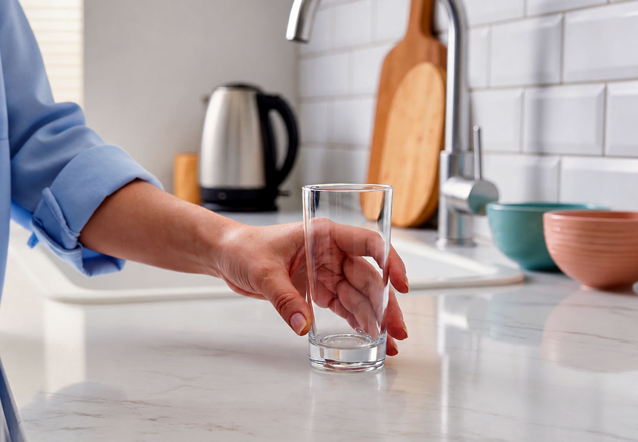 A person sets an empty drinking glass on a clean kitchen countertop near the sink