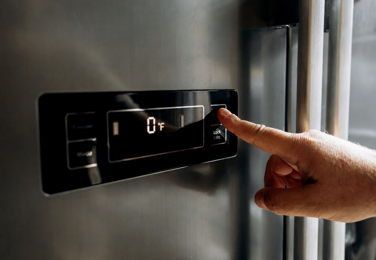 A hand adjusts a refrigerator control panel showing the freezer temperature set to 0°F