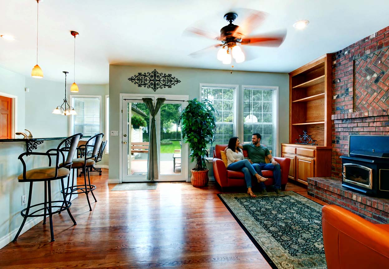 A couple relaxes indoors beneath a spinning ceiling fan in a sunlit living room