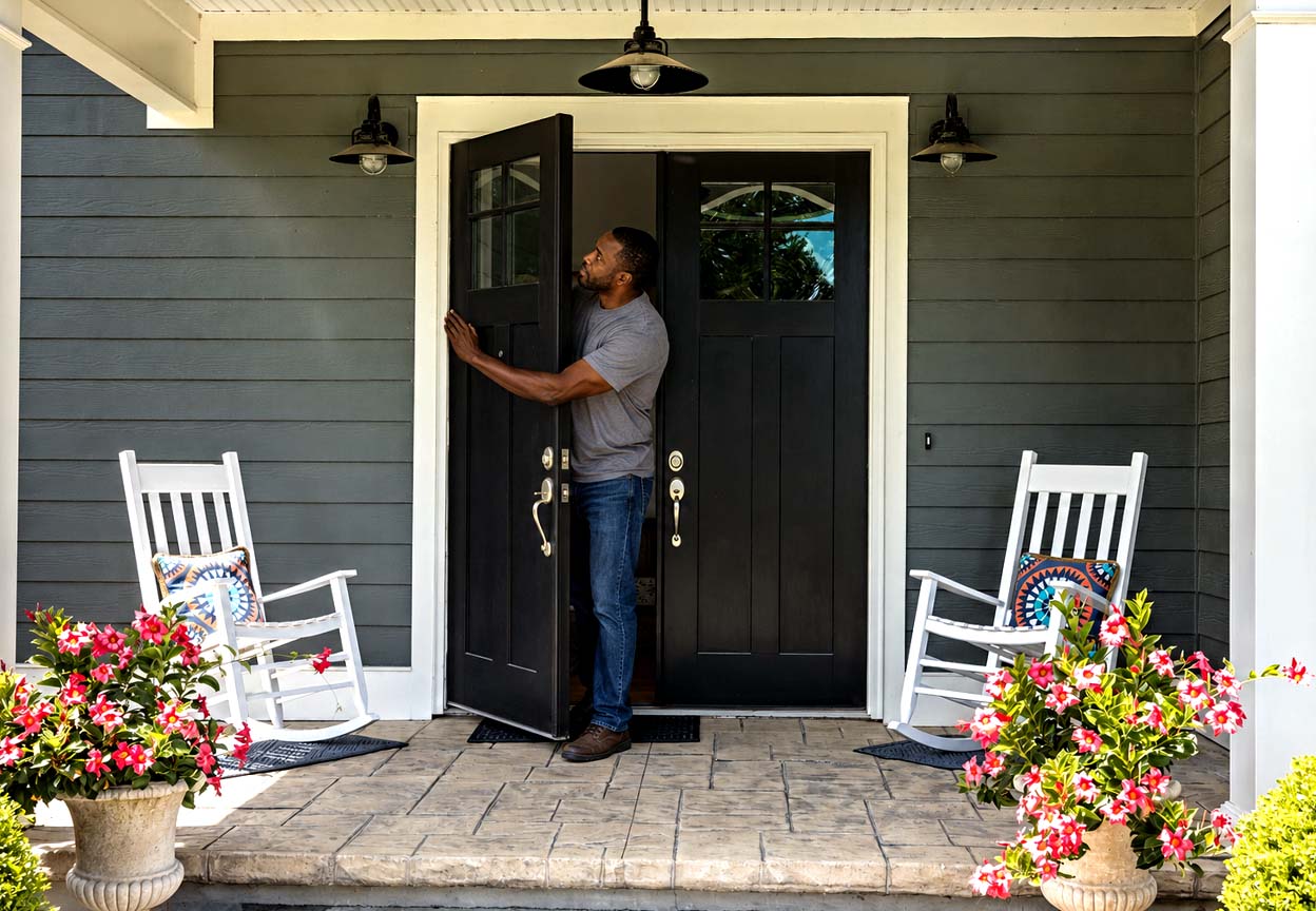 A man opens the front door and checks the weather-sealing around the frame