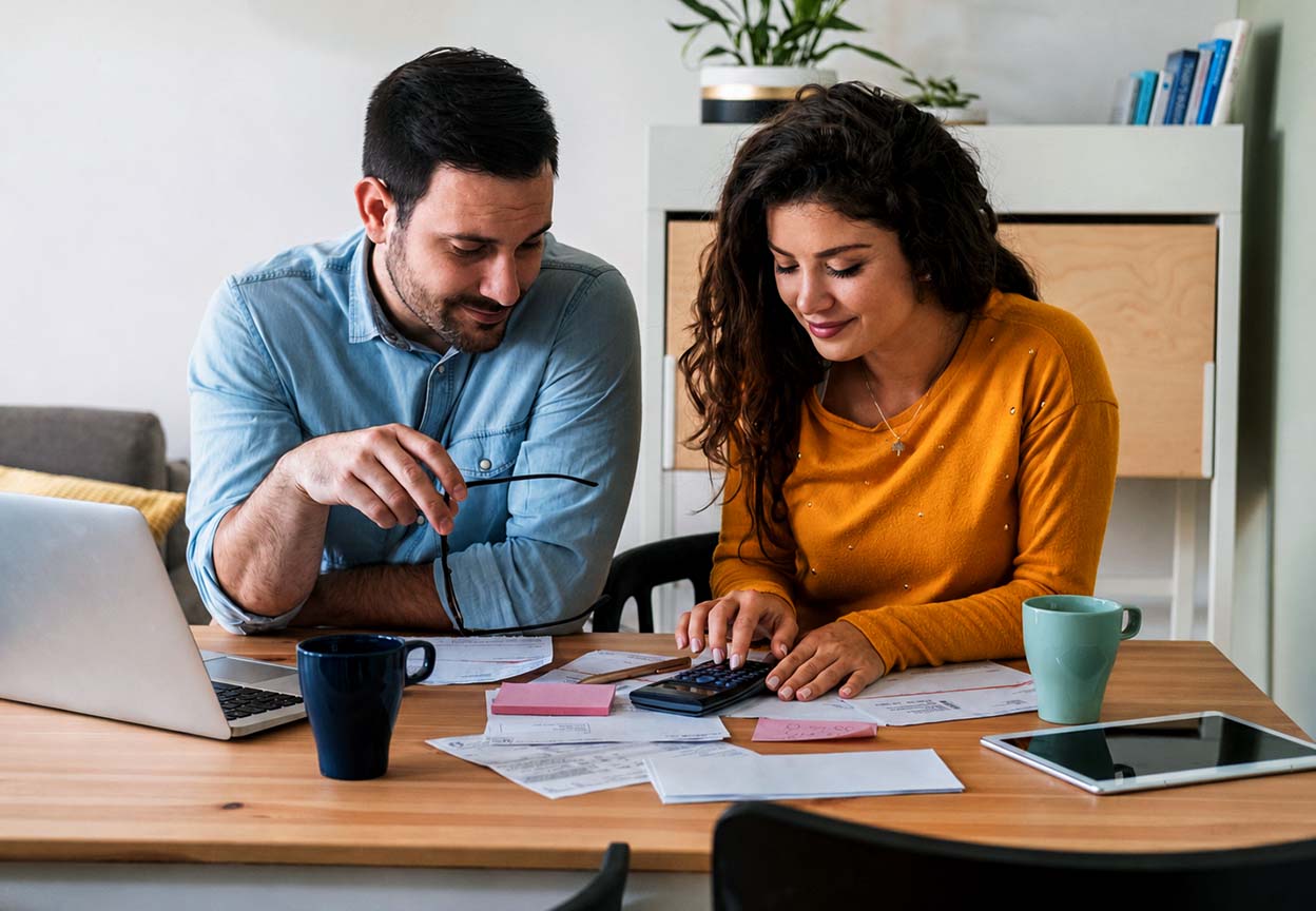 A couple reviews bills and home warranty paperwork together at a kitchen table