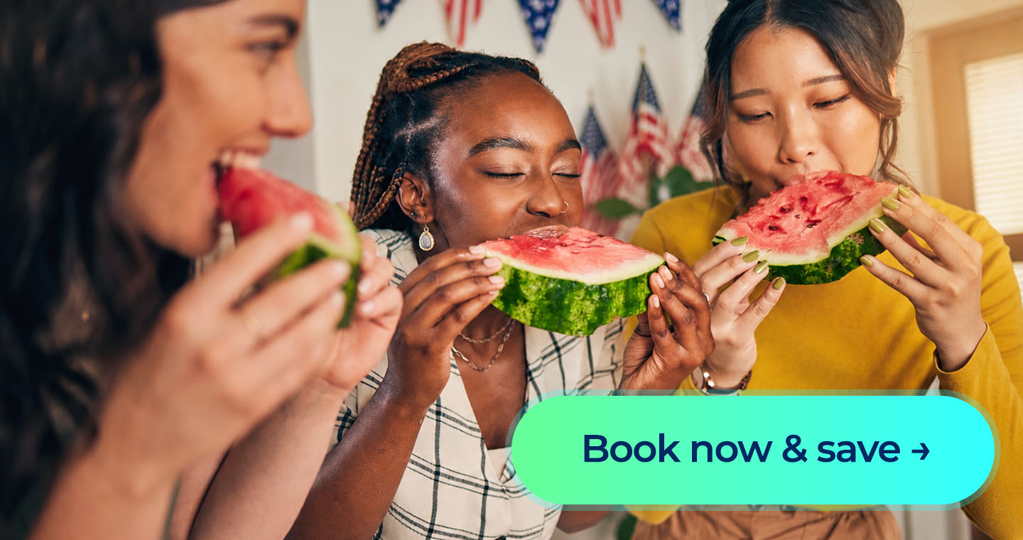 A group of women eating watermelon with a book now and save button in front