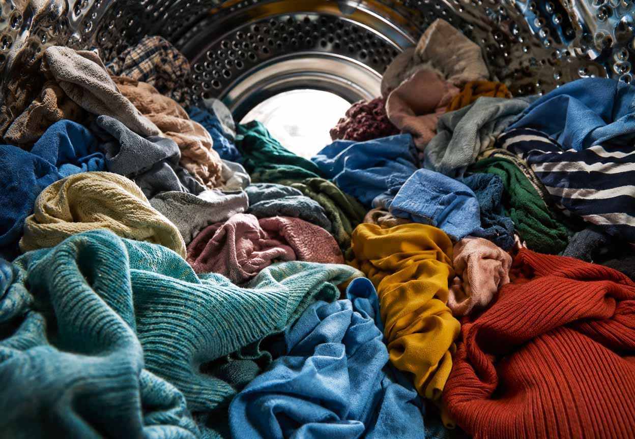 Overloaded washing machine drum packed tightly with clothes