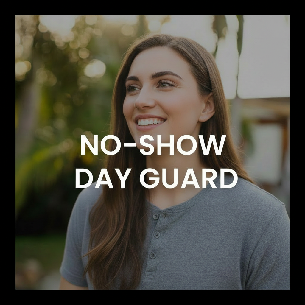 an image of a woman smiling with the words no show day guard