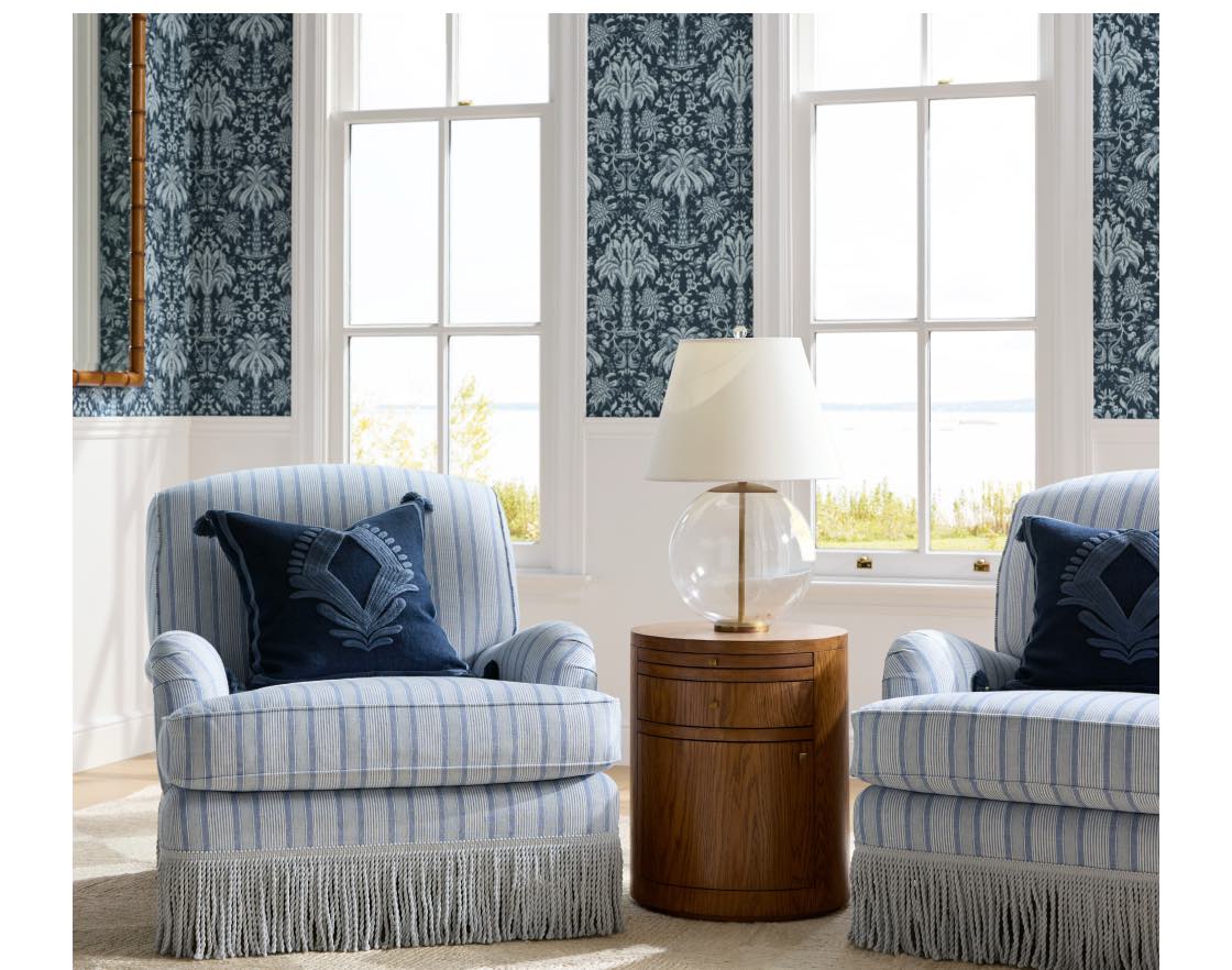Miramar English Roll Arm Chair in French Blue Kensington Stripe with Coastal Blue Bullion Fringe