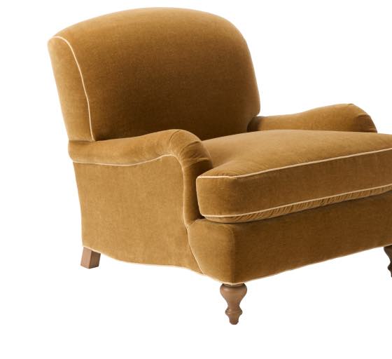 Miramar English Roll Arm Chair - Velvet Mohair Lark with Washed Linen Wheat Pipe
