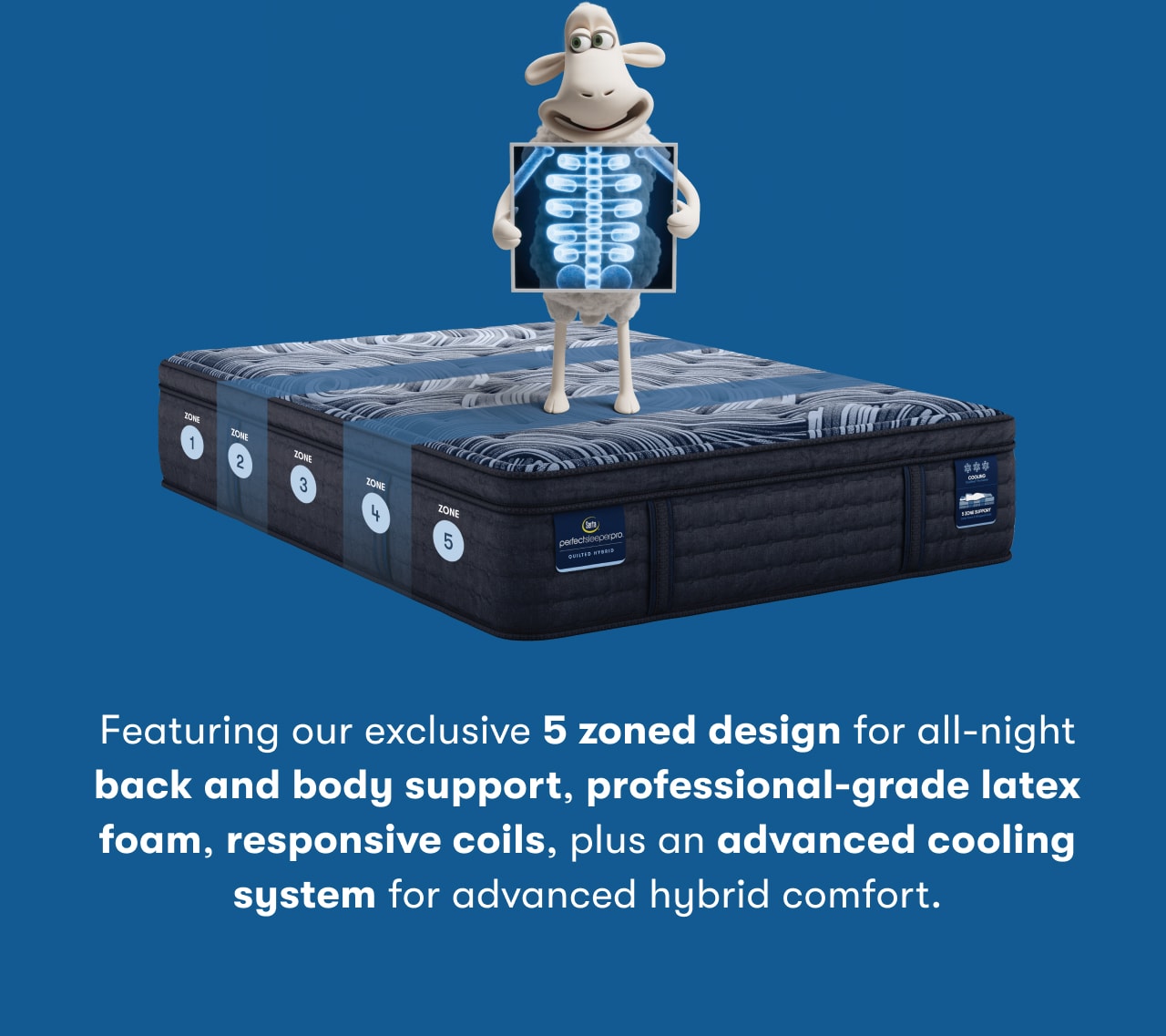 Featuring our exclusive 5 zoned design for all-night back and body support, professional-grade latex foam, responsive coils, plus an advanced cooling system for advanced hybrid comfort.