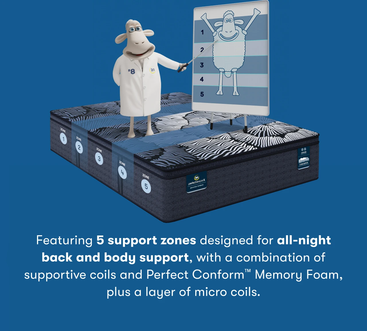 Featuring 5 support zones designed for all-night back and body support, with a combination of supportive coils and Perfect Conform™ Memory Foam, plus a layer of micro coils.