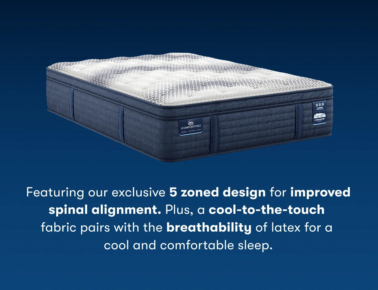 Featuring our exclusive 5 zoned design for improved spinal alignment. Plus, a cool-to-the-touch fabric pairs with the breathability of latex for a cool and comfortable sleep.
