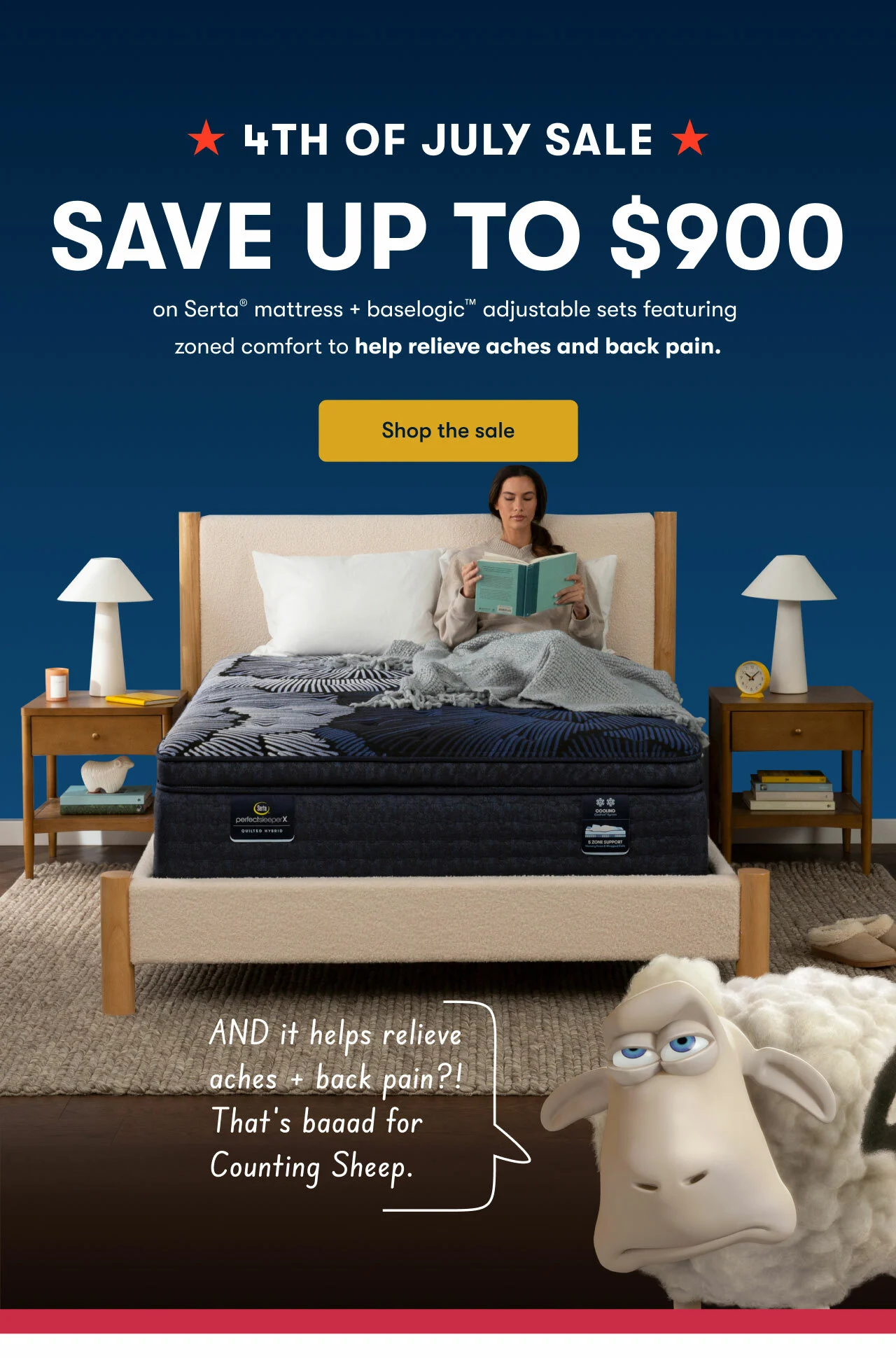 4TH OF JULY SALE | SAVE UP TO $900 on Serta® mattress + baselogic™ adjustable sets featuring zoned comfort to help relieve aches and back pain.&nbsp;| Shop the sale