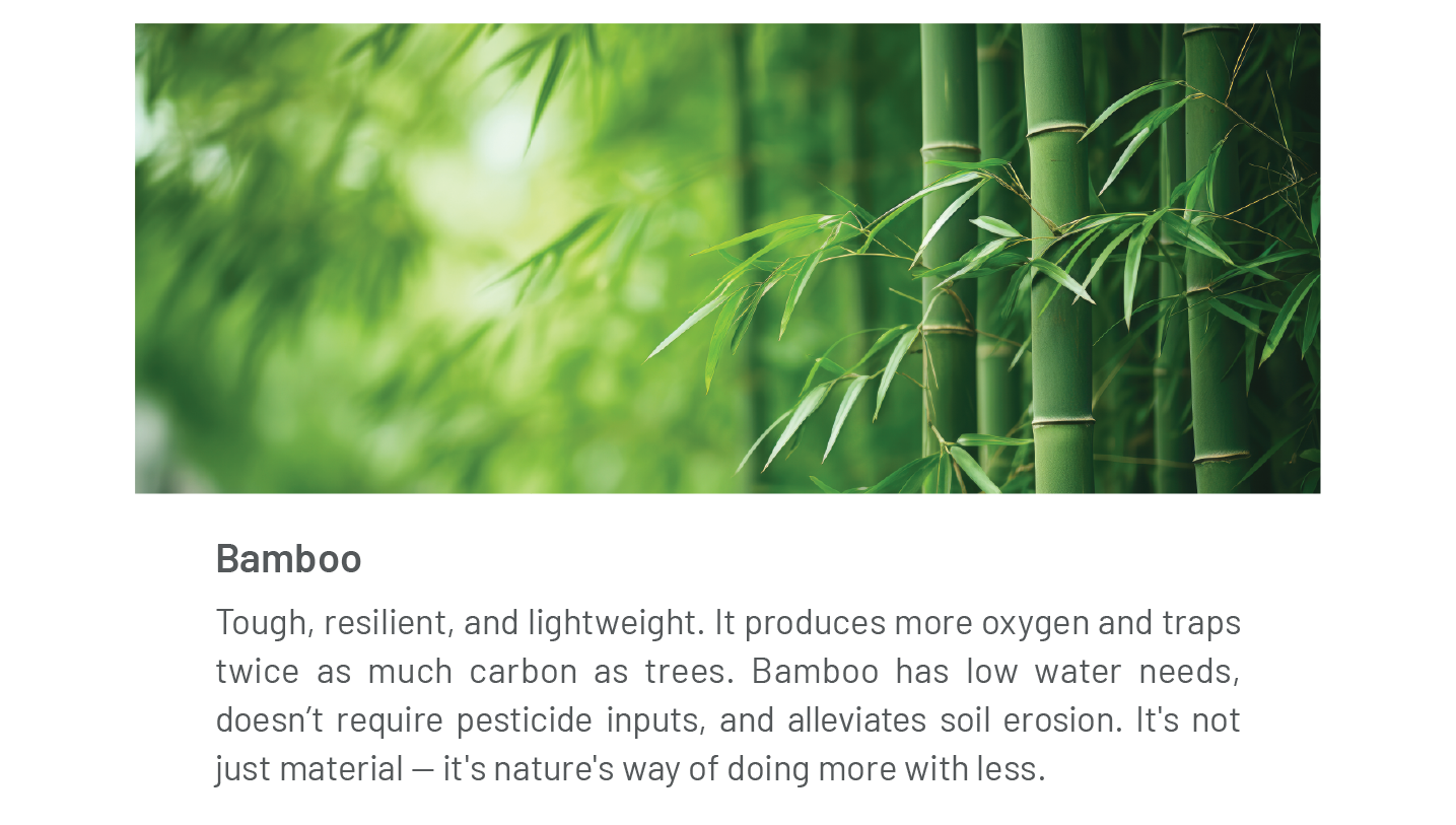 Bamboo: Tough, resilient, and lightweight. It produces more oxygen and traps twice as much carbon as trees. Bamboo has low water needs, doesn’t require pesticide inputs, and alleviates soil erosion. It's not just material — it's nature's way of doing more with less. 