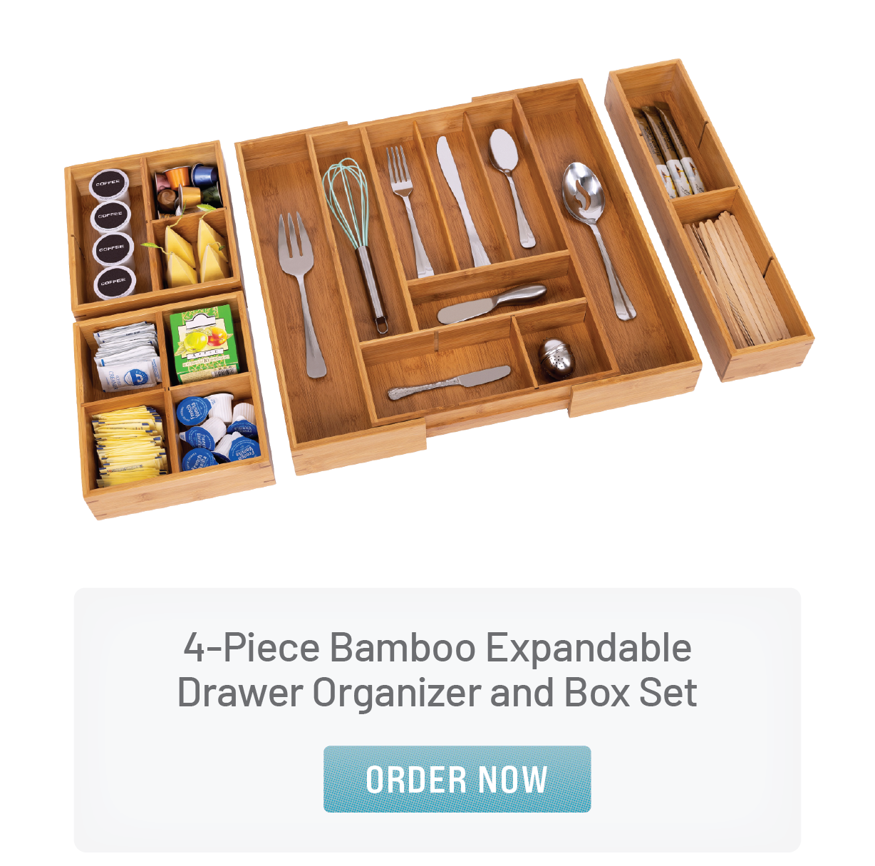 4-Piece Bamboo Expandable Drawer Organizer and Box Set