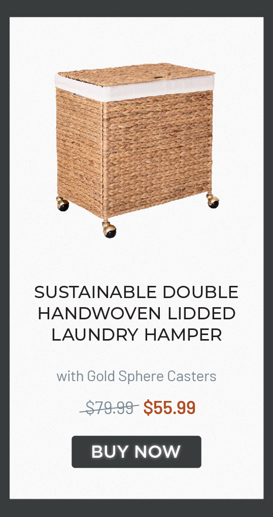 Sustainable Double Handwoven Lidded Laundry Hamper with Gold Sphere Casters
