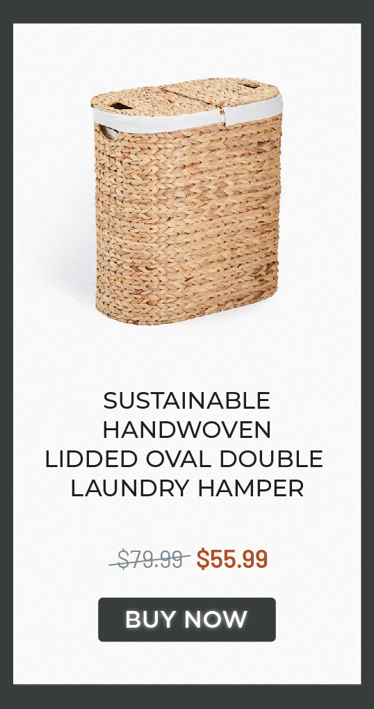 Sustainable Handwoven Lidded Oval Double Laundry Hamper, Natural Water Hyacinth Sustainable Handwoven Lidded Oval Double Laundry Hamper, Natural Water Hyacinth
