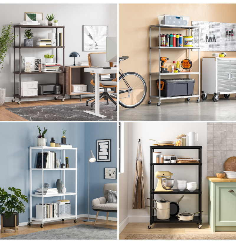 HOME 4-Tier Steel Shelving in different settings