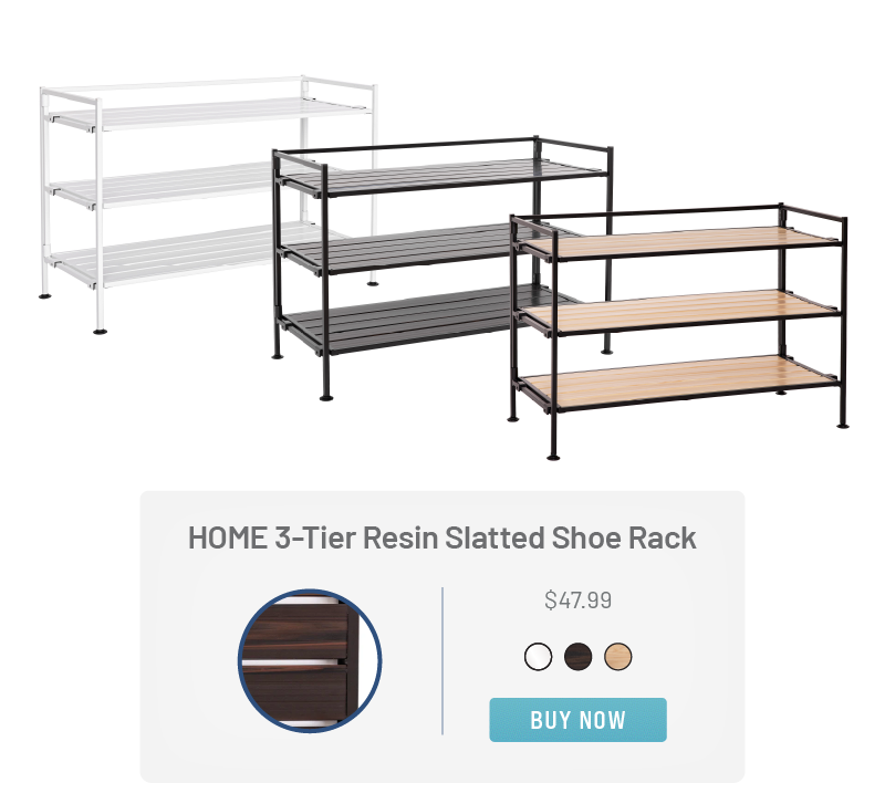 HOME 3-Tier Resin Slatted Shoe Rack, in Espresso, White, and White Oak