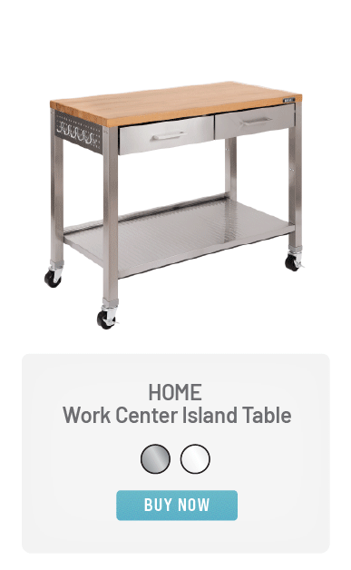 HOME Work Center Island Table; in Stainless Steel of White