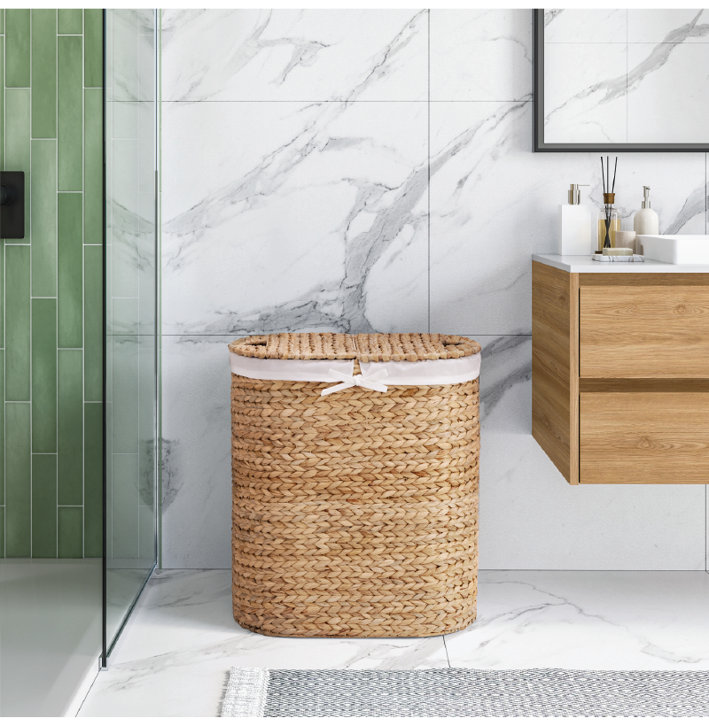 Natural Water Hyacinth Handwoven Lidded Oval Double Laundry Hamper