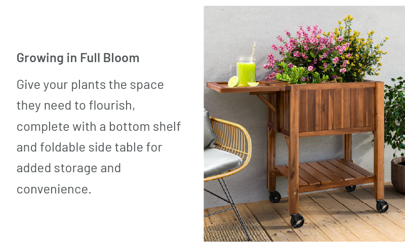 Growing in Full Bloom: Give your plants the space they need to flourish, complete with a bottom shelf and foldable side table for added storage convenience.