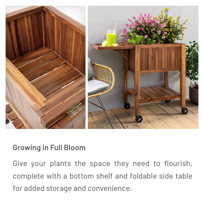 Growing in Full Bloom: Give your plants the space they need to flourish, complete with a bottom shelf and foldable side table for added storage convenience.