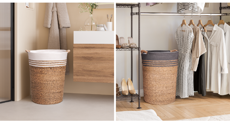 Natural Water Hyacinth and Rope Round Hamper with Liner