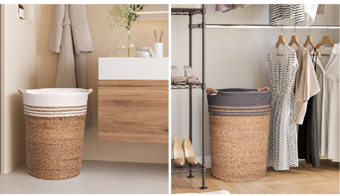 Natural Water Hyacinth and Rope Round Hamper with Liner