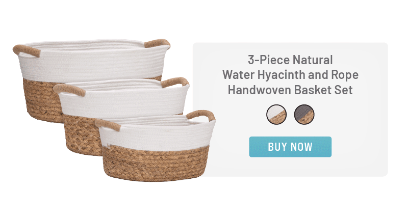 3-Piece Natural Water Hyacinth and Rope Handwoven Basket Set