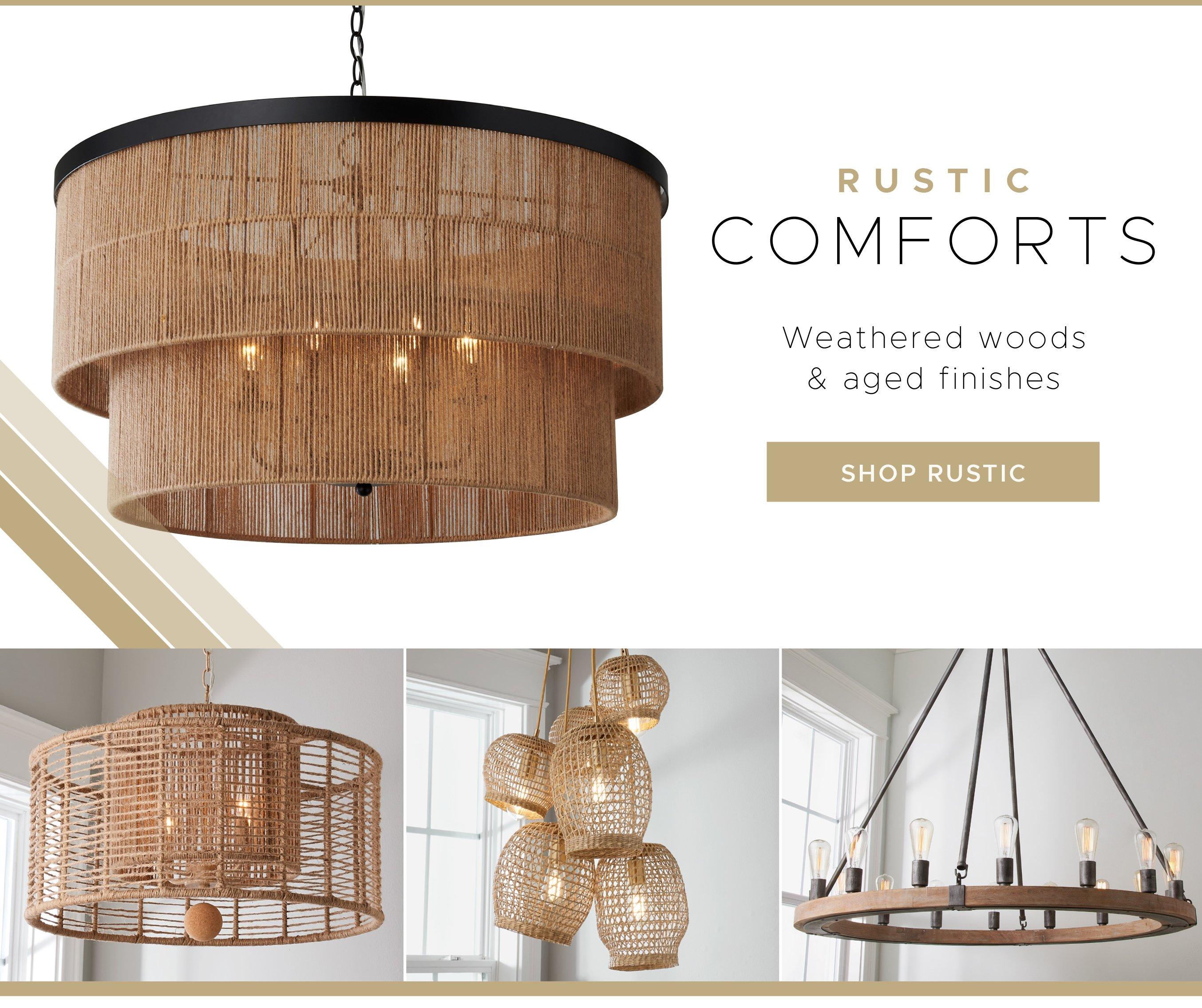 Rustic Chandeliers. Weathered woods and aged finishes