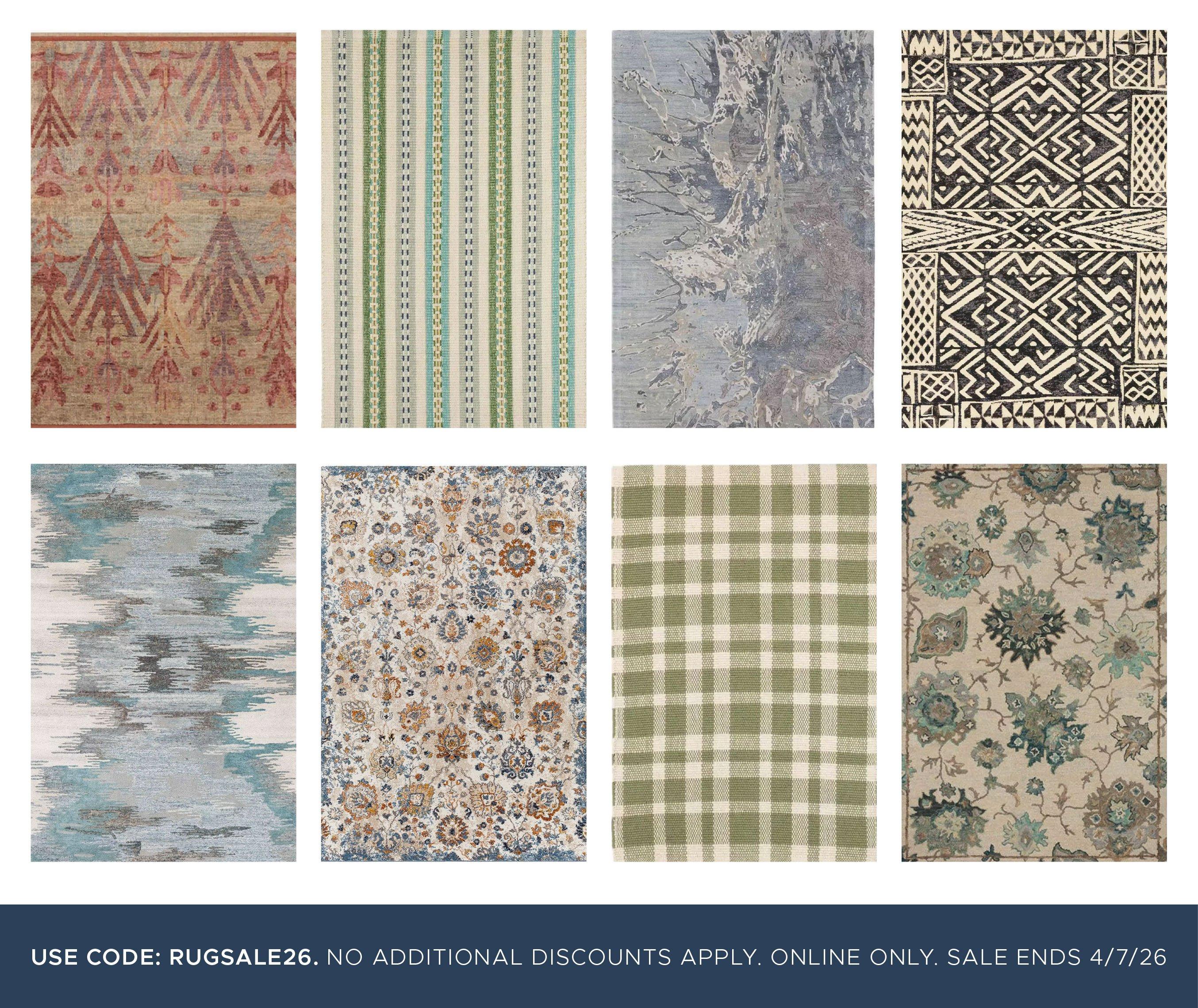 USE CODE: RUGSALE26. No additional discounts apply. Online Only. SALE ends 4/7/26