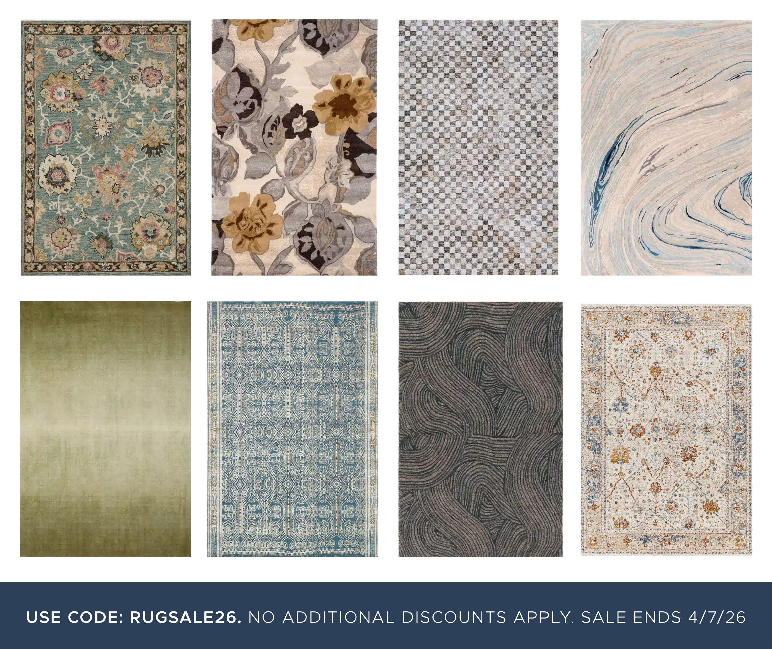 USE CODE: RUGSALE26. No additional discounts apply. Online Only. SALE ends 4/7/26