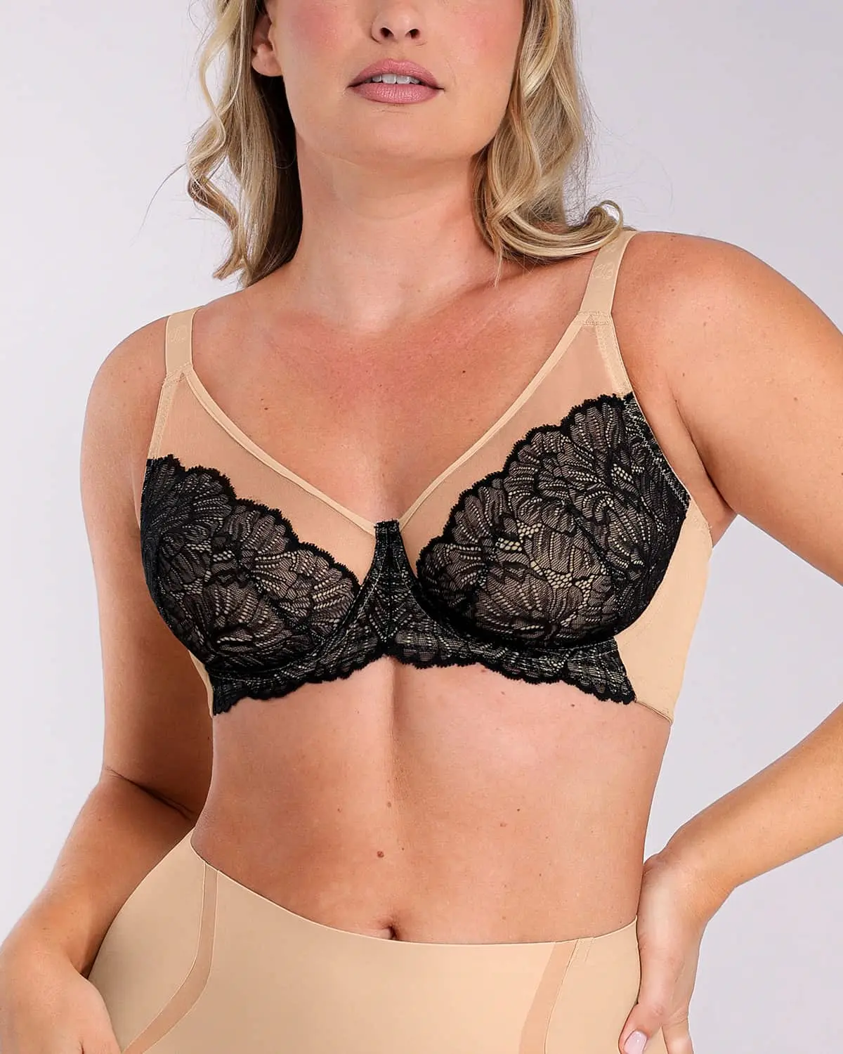 Bare Essentials™ AirSlim® Supportive Unlined Lace Underwired Bra Black Contrast Apricot / 34C
