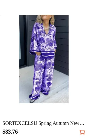 SORTEXCELSU Spring Autumn New Printed Flared Long Sleeved Shirt Women Suit Casual Loose Pocket Wide-Leg Trousers Female Office 2 Piece Set