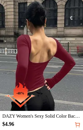 DAZY Women's Sexy Solid Color Backless Tight Long Sleeve T-Shirt, Summer