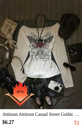 Attitoon Attitoon Casual Street Gothic Baroque Skull Print Oversized Asymmetrical Shoulder Ruffle Hem Long Sleeve T-Shirt Women, Sexy Off-The-Shoulder Pullover For Fall/Winter, Back To School, Vintage, Punk, Women's Casual Wear, Autumn/Winter, Hip Hop, Style Core Aesthetic.