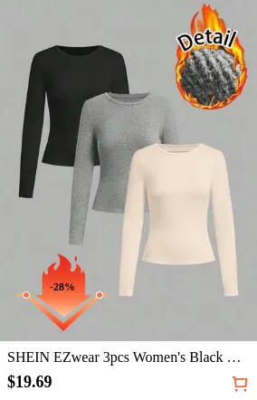 SHEIN EZwear 3pcs Women's Black & White Ribbed Long Sleeve T-Shirt Set With Heather Gray Ribbed T-Shirt, Casual Fitted Long Sleeve T-Shirt Set Suitable For Autumn/Winter Layering