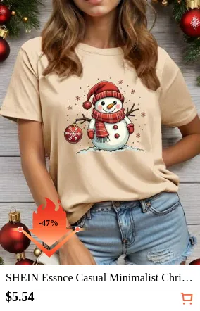 SHEIN Essnce Casual Minimalist Christmas Snowman Loose Fit Round Neck Short Sleeve Women T-Shirt