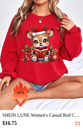 SHEIN LUNE Women's Casual Red Crew Neck Sweatshirt, Suitable For Autumn/Winter, Suitable For Christmas, Christmas Reindeer Print