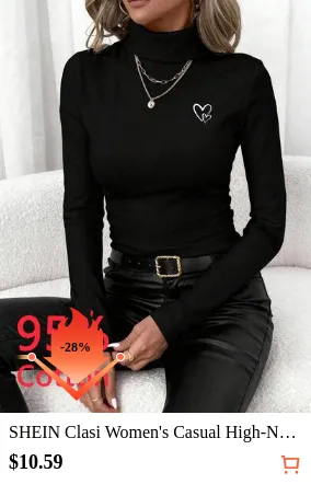SHEIN Clasi Women's Casual High-Neck Slim Heart Pattern Long-Sleeved T-Shirt, 95% Cotton, Suitable For Autumn And Winter