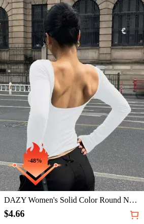 DAZY Women's Solid Color Round Neck Long Sleeve Fashionable Versatile Backless Tight Fit Long Sleeve T-Shirt