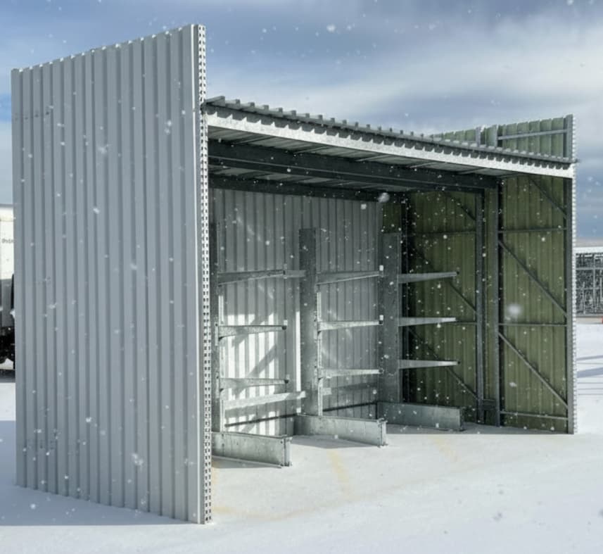 Cantilever racking under steel awning in the snow