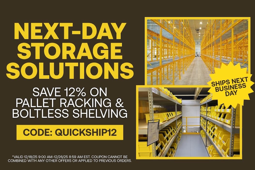 Next Day Storage Solutions - Save 12% on pallet racking and boltless shelving - CODE: QUICKSHIP12