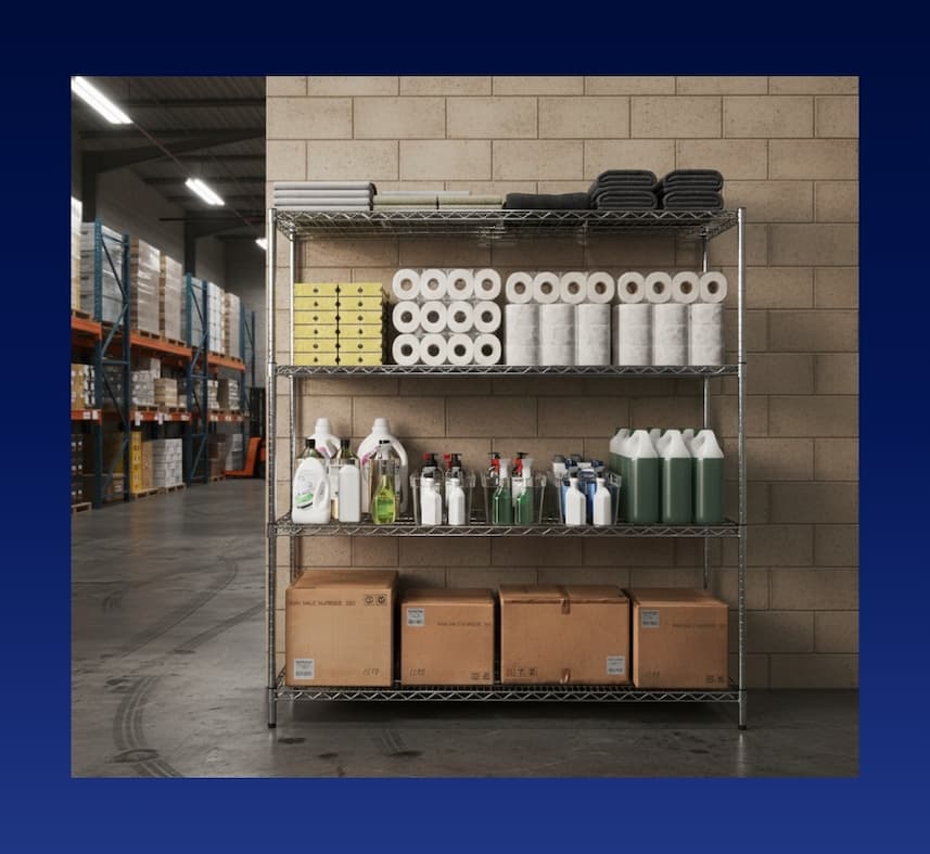 Wire shelving in warehouse space