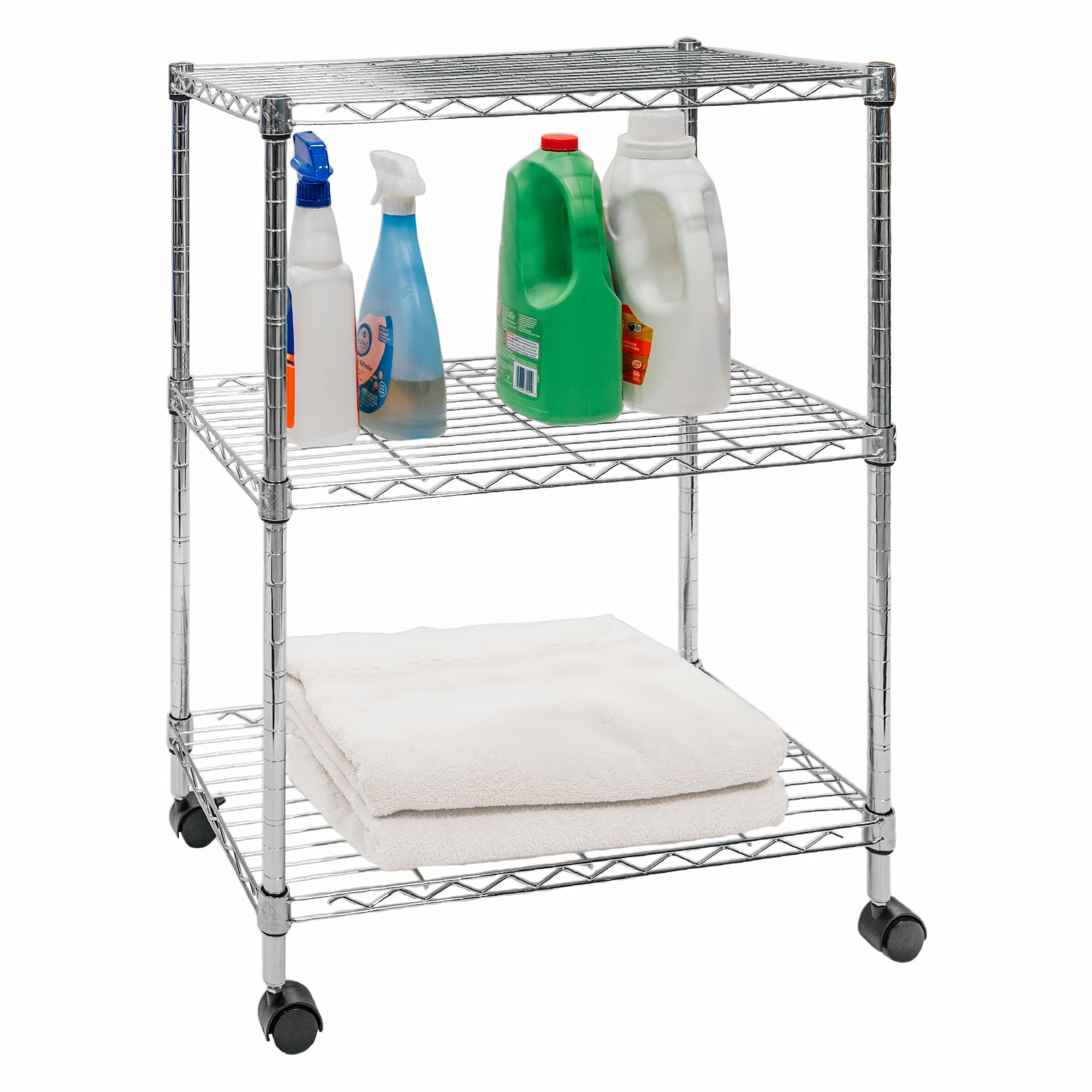 14"d x 24"w x 32"h 3-Tier Chrome Mobile Wire Shelving