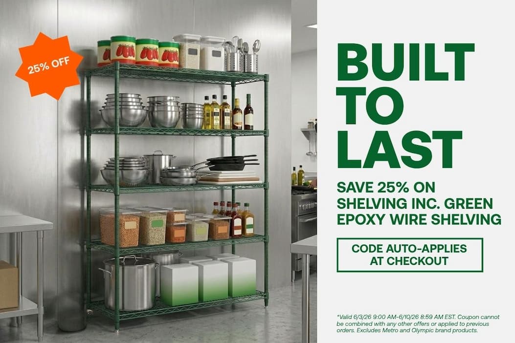 Built to Last - Save 25% on Shelving Inc. Green Epoxy Wire Shelving - CODE: AUTO-APPLIES AT CHECKOUT