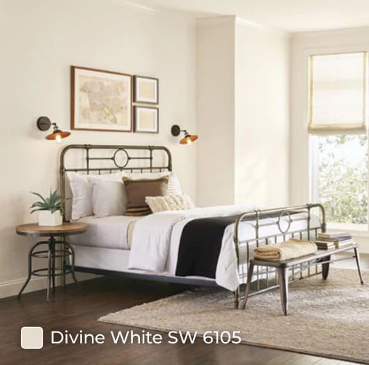 Bedroom painted in Divine White SW 6105.
